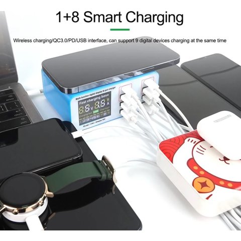 Adaptador de red RELIFE RL-304S, 110 W, Quick Charge, Power Delivery (PD), con cargador inalámbrico, 8 puertos Vista previa  2