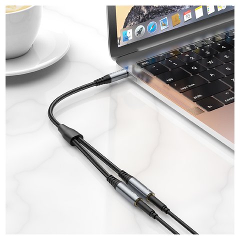 AUX-кабель Hoco UPA21, TRS 3.5 мм, TRRS 3.5 мм, 25 см, сірий, для навушників, в нейлоновому обплетенні, male to 2 female, #6931474766809 Прев'ю 3