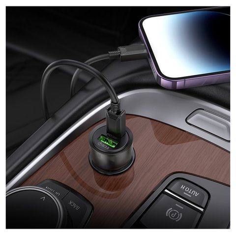 Автомобильное зарядное устройство Hoco Z52, черное, Power Delivery (PD), c кабелем USB тип-C к Lightning для Apple, 38 Вт, 2 порта, 12-24 B, #6942007601801 Превью 1