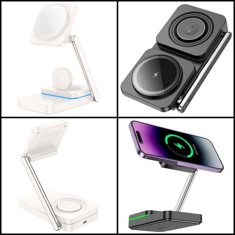 Беспроводное зарядное устройство Hoco CQ10 3-in-1, Fast Charge, белое, USB тип-C, 15 Вт, раскладное, портативный, магнитное, #6942007618366 Превью 1